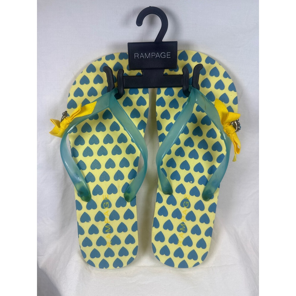 Rampage Taboo Flip Flops Yellow Blue Heart Print Jelly Bow Charm Sandals Size 10